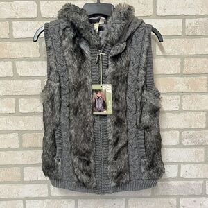 Green Tea Hooded Sweater Vest Womens Size Small Charcoal Gray Faux Fur Trim NEW‎